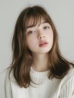 japonês moda modelo menina com Castanho cabelo franja, ai foto