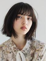 japonês moda modelo menina com Castanho cabelo franja, ai foto