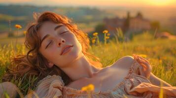 menina em repouso e relaxante em flor campo, ai foto