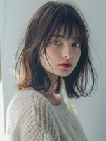 japonês moda modelo menina com Castanho cabelo franja, ai foto