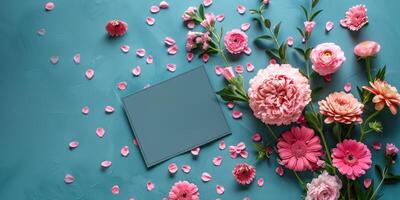 mesário dia cartão zombar acima flor flatlay, ai foto