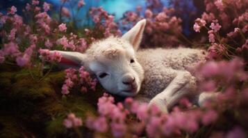 fofa dormindo Cordeiro dentro floresta com flores silvestres, ai foto