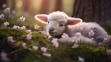 fofa dormindo Cordeiro dentro floresta com flores silvestres, ai foto