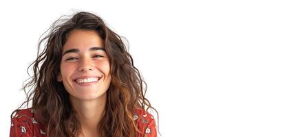 jovem hispânico latino mulher com Sombrio morena encaracolado cabelo sorridente com cópia de espaço. felicidade, branco dentes, suave pele tom, natural beleza, alegre positivo conceito foto