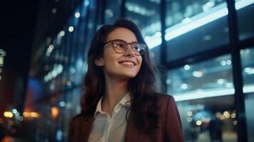 jovem confiante caucasiano branco o negócio mulher sorridente dentro corporativo fundo com cópia de espaço. noite cidade, sucesso, carreira, liderança, profissional, menina patrão dentro uma local de trabalho conceito foto