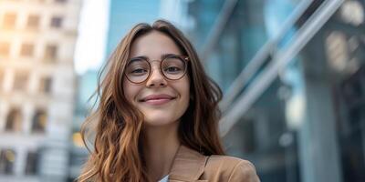 jovem confiante caucasiano branco o negócio mulher sorridente dentro corporativo fundo com cópia de espaço. sucesso, carreira, liderança, profissional, menina patrão dentro uma local de trabalho conceito foto