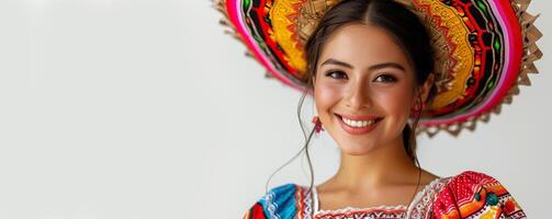 jovem confiante mexicano mulher com uma sombrero sorridente com cópia de espaço. étnico tradicional roupa, México cultura, natural beleza, alegre positivo conceito foto