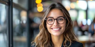 jovem confiante hispânico latino o negócio mulher sorridente dentro corporativo fundo com cópia de espaço. sucesso, carreira, liderança, profissional, diversidade dentro uma local de trabalho conceito foto