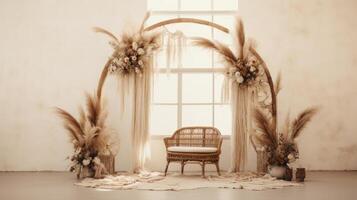 boho Casamento interior macramé tapete arco sala, ai foto