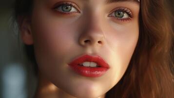fêmea modelo com vermelho lábios glamour, ai foto