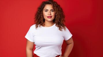 alegre jovem hispânico mais Tamanho corpo positivo fêmea mulher menina 30s dentro branco em branco Projeto casual camiseta posando cor fundo estúdio retrato, ai foto