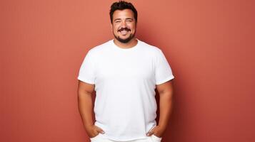 alegre jovem hispânico mais Tamanho corpo positivo masculino homem Garoto cara 30s dentro branco em branco Projeto casual camiseta posando cor fundo estúdio retrato, ai foto