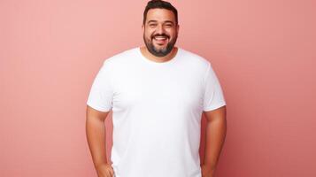 alegre jovem hispânico mais Tamanho corpo positivo masculino homem Garoto cara 30s dentro branco em branco Projeto casual camiseta posando cor fundo estúdio retrato, ai foto