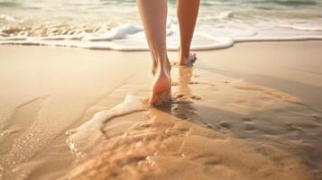 mulher caminhando em a praia, molhado litoral areia com descalço impressões, ai foto