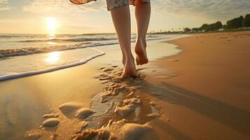 mulher caminhando em a praia, molhado litoral areia com descalço impressões, ai foto