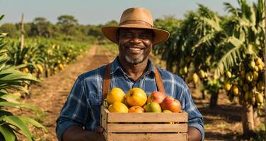 agricultor segurando tropical frutas foto