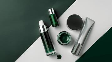 uma Sombrio verde e branco fundo com beleza produtos. foto