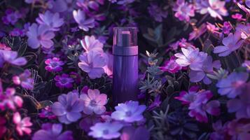 uma creme garrafa em uma flor cama cheio do mais escura e luz roxa flores foto