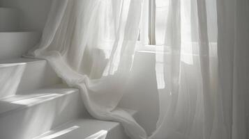 branco linho tecido coberto sobre uma branco Escadaria. foto