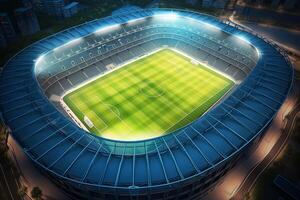 aéreo topo Visão do uma futebol futebol campo estádio dentro noite foto