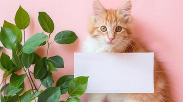 uma fofa gatinho dormindo Próximo para verde folhas em uma Rosa fundo com uma em branco branco cartão dentro a meio do a cenário. foto