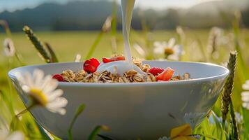 derramando fresco leite para dentro tigela do cereal dentro a Inglês campo campo em uma ensolarado manhã para café da manhã foto