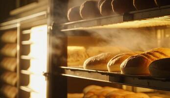 padaria com quente fresco pão e pastelaria cozimento dentro a velho Cidade padaria, recentemente cozido produtos em prateleiras e a forno, pequeno local o negócio e Comida Produção foto