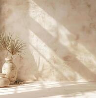 sereno vinheta do minimalista vasos e sombras dentro uma iluminado pelo sol bege quarto foto