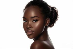 linda africano americano mulher com sem falhas pele em branco fundo, face Cuidado, facial tratamento, cosméticos, beleza e spa foto