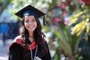 feliz aluna menina graduando Alto escola, dentro mortarboard e solteiro vestido, a comemorar acadêmico conquista, graduação 2024, Educação foto