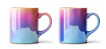 cintilante iridescente caneca brincar dentro pastel matizes, perfeito para moderno casa decoração ou à moda utensílios de cozinha catálogos, exibindo lado e frente Visualizações em uma branco fundo foto