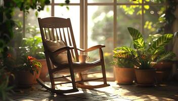 vintage de madeira balanço cadeira em uma varanda com uma copo do chá, cercado de em vaso plantas dentro uma sereno atmosfera debaixo □ Gentil branco luz foto