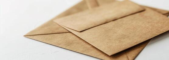 kraft papel envelope conjunto em branco fundo, ideal para sustentável papelaria maquetes e ecológico embalagem desenhos, exibindo natural textura e minimalista apelo foto
