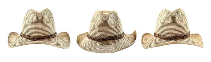 autêntico ocidental Palha vaqueiro chapéus com decorativo bandas, ideal para rústico estilo conjuntos, apresentado dentro múltiplo ângulos para moda e com tema country desenhos foto
