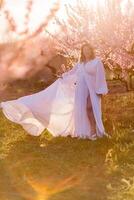 mulher florescendo pêssego Pomar. contra a pano de fundo do uma pitoresco pêssego Pomar, uma mulher dentro uma grandes branco vestir goza uma pacífico andar dentro a parque, cercado de a beleza do natureza. foto