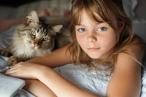 sereno tarde momentos com uma jovem menina e dela malhado gato em uma lençol tela de pintura foto