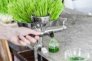 extração de wheatgrass em ação na bancada da cozinha usando um espremedor manual foto