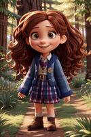 estilo disney fofa desenho animado menina personagem sorridente floresta fundo foto