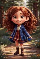 estilo disney fofa desenho animado menina personagem sorridente floresta fundo foto