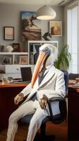 pelicano dentro uma o negócio terno dentro uma com tema de praia escritório ai gerado foto