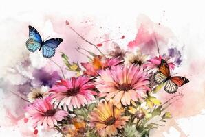 bonito borboleta com flores, aquarela desenho. generativo ai foto