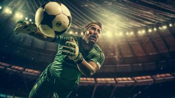 ai generativo goleiro pega a bola às a estádio estilo de vida cena foto