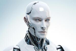 retrato do uma robô dentro uma branco futurista interiores, artificiais inteligência conceito ai gerado foto