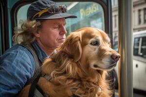 compartilhamento de carona. proprietário e seus animal levando público transporte. ótimo momento, feliz e engraçado.generativo ai. generativo ai. foto