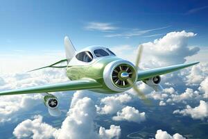 avião vôo dentro a azul céu. 3d renderizar. conceptual imagem, movido a biocombustível avião dentro a céu. sustentável transporte conceito, ai gerado foto
