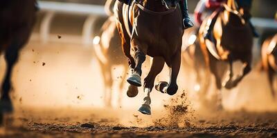 ai gerado. ai generativo. Jordão raça concorrência jogo de azar Ação. Visão a partir de inferior em cavalo pernas casco. gráfico arte foto