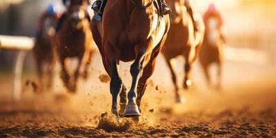 ai gerado. ai generativo. Jordão raça concorrência jogo de azar Ação. Visão a partir de inferior em cavalo pernas casco. gráfico arte foto