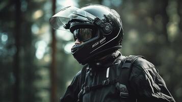 sério bonito masculino motociclista vestindo Preto Esportes roupas capacete e Óculos excesso de velocidade em motorizado pedalassistida veículo ao longo trilha dentro madeiras tendo confiante e autodeterminação, generativo ai foto