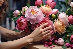 ai gerado uma fêmea florista coleta uma ramalhete do pions- fresco cortar flores dentro caixas e vasos dentro uma armazém e prateleiras para oferta, Entrega para a feriado. primavera, marcha 8, mulheres dia, aniversário. foto