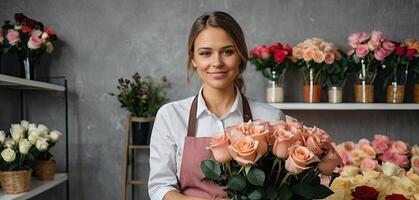 ai gerado mulher florista coleta uma ramalhete do rosas- fresco cortar flores dentro caixas e vasos dentro flor fazer compras e prateleiras para oferta, Entrega para a feriado. primavera, marcha 8, mulheres dia, aniversário foto